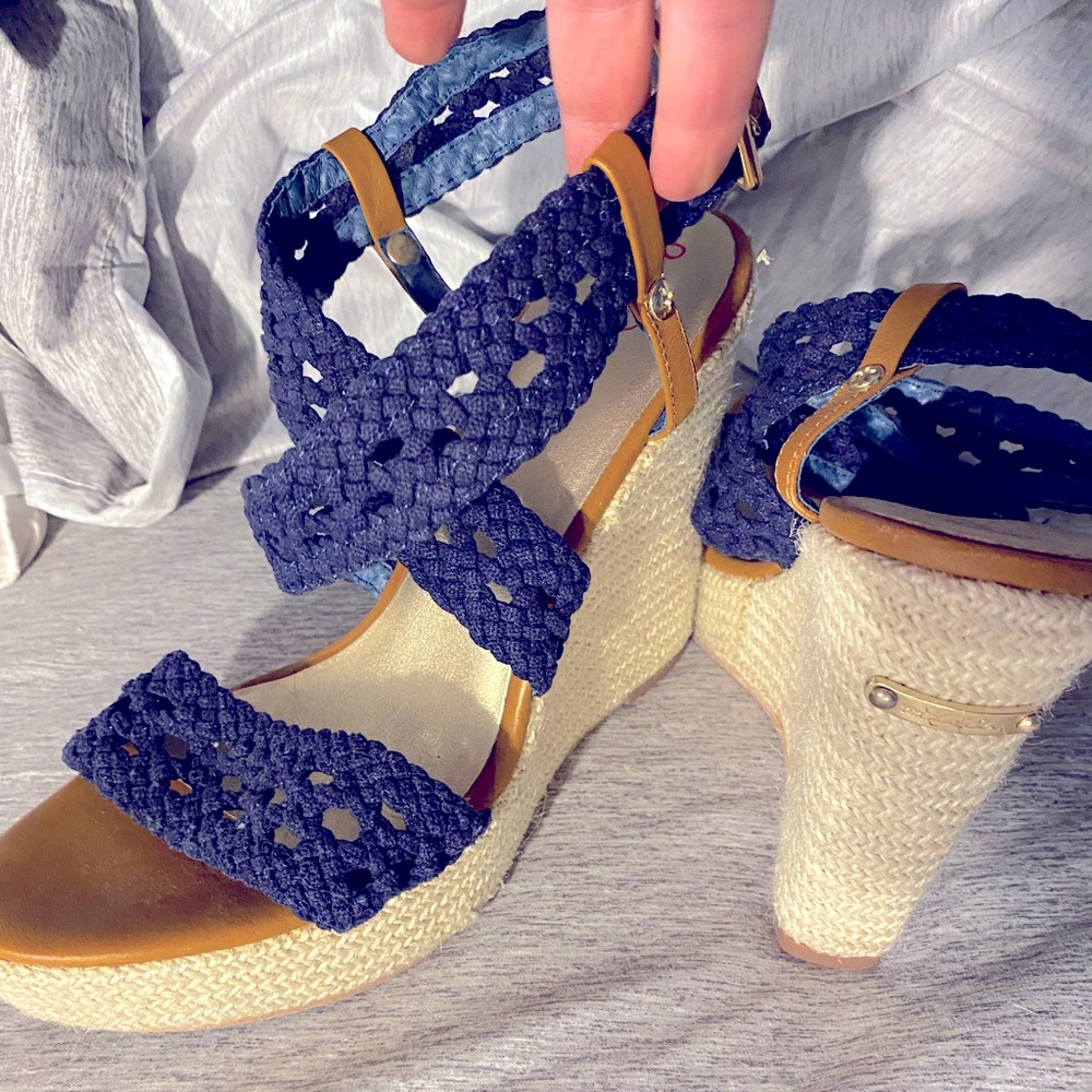 Lilly Pulitzer crocheted wrap heels wedges sandals navy 8.5